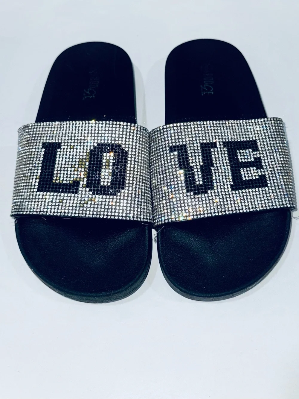 Women’s Rhinestone LOVE Slide Sandals Size 6 Black Slip-On Slides